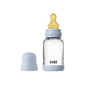 Bibs Biberon en verre rond avec tétine en latex à débit lent 120ml - Baby blue