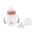 Béaba Biberon 2‑en‑1 210 ml – Terracotta : révolutionnez l’apprentissage dès 4 mois. Tétine + embout silicone interchangeables, 100 % étanche, poignées amovibles, sans BPA. Lavable.