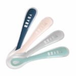 beaba cuillères 2ème âge silicone Lot 4 : embout en silicone ultra‑souple, poignée ergonomique, repose‑cuillère intégré, lavable, dès 8 mois. Multicolore et sans BPA.