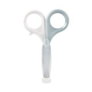 Beaba Ciseaux spécial bébé – Bleu. Embouts arrondis, inox désinfectable, capuchon hygiénique. Dès la naissance. Livraison rapide au Maroc.