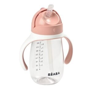 Beaba Tasse paille 300 ml Vieux rose – étanche même ouverte, poignées amovibles, paille rebouchable, sans BPA, dès 8 mois.